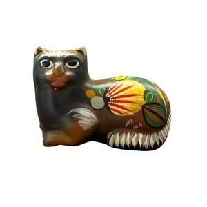 Vintage Tonala Mexican Pottery Hand Painted Cat
